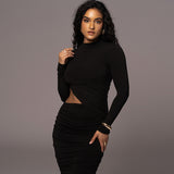Long Sleeve Sexy Cutout Pleated Tight Dress | Neptune 0 Fibobus DropShipping Black L