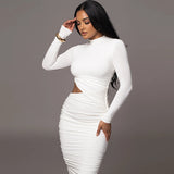 Long Sleeve Sexy Cutout Pleated Tight Dress | Neptune 0 Fibobus DropShipping White L