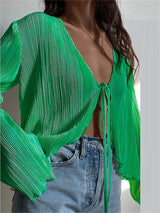 Chic Long Flare Sleeve V- Neck Cardigans | Fawna Chicy Boutique Green S