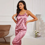 Romantic Satin Pajama Set with heartpaja Print | Noya Chicy Boutique Rose Red M