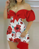 Floral Print Romper Lantern Sleeve Off Shoulder Knotted Puff Sleeve | Larisa Chicy Boutique