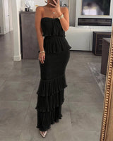 Bandeau Dress Shirred Ruffle Hem | Nehama Chicy Boutique Black XL