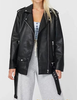 Loose Motorcycle Biker Black Leather Jacket with Belt | Cozyra Chicy Boutique