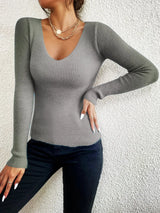 Ribbed V-Neck Spring Sweater | Aviva Chicy Boutique GRAY S