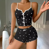 Heart Print Ribbed Pajama Set with Frill Trim | Amora Chicy Boutique black L