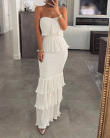 Bandeau Dress Shirred Ruffle Hem | Nehama Chicy Boutique White S