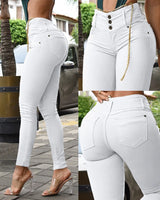 High Waist Pocket Design Skinny Pants Button Pocket | Valery Chicy Boutique White L