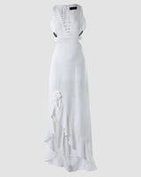 Sexy Solid Dresses Ladder Cut Out Irregular Ruffle Hem V-Neck Asymmetrical | Zigzag Chicy Boutique