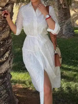 White Embroidery Midi Dresss | Avelis Chicy Boutique