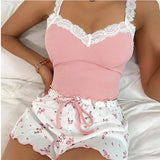 Ribbed Floral Lace Pajama Set with Bows | Bloomi Chicy Boutique Pink S