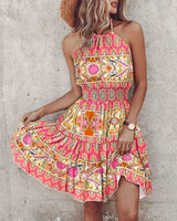 Hanging Neck Waist Short Ruffle Edge Dress | Edge Chicy Boutique pink XXL