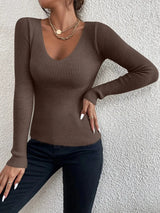 Ribbed V-Neck Spring Sweater | Aviva Chicy Boutique Chocolate Color S