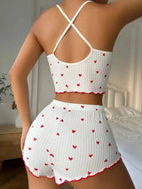 Heart Print Ribbed Pajama Set with Frill Trim | Amora Chicy Boutique