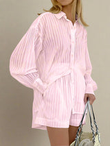 White Stripe Shorts Sets | Neaama Chicy Boutique Pink S
