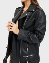 Loose Motorcycle Biker Black Leather Jacket with Belt | Cozyra Chicy Boutique