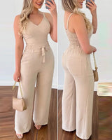 Long Jumpsuits, Elegant Sexy V-Neck Shirred Top High Waist Pants | Shula Chicy Boutique Oldlace XL