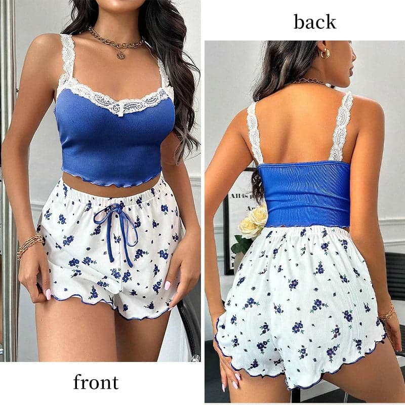 Ribbed Floral Lace Pajama Set with Bows | Bloomi