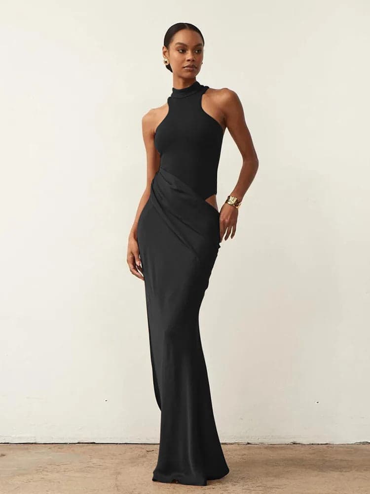 Satin Hollow-Out Maxi Dress ✨ | Noir