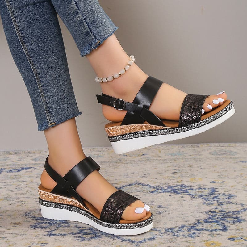 Wedge Round Toe Wide Strap Sandals | Oak