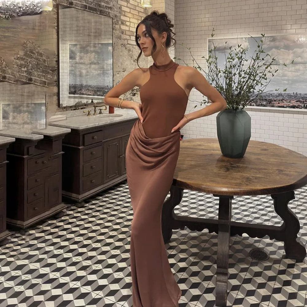 Satin Hollow-Out Maxi Dress ✨ | Noir