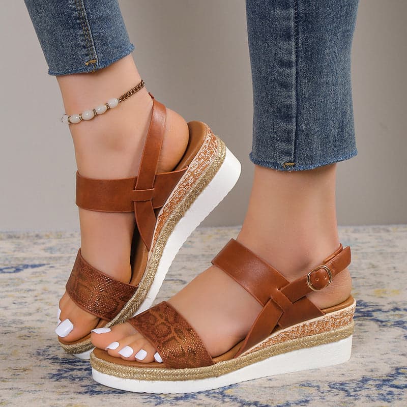 Wedge Round Toe Wide Strap Sandals | Oak