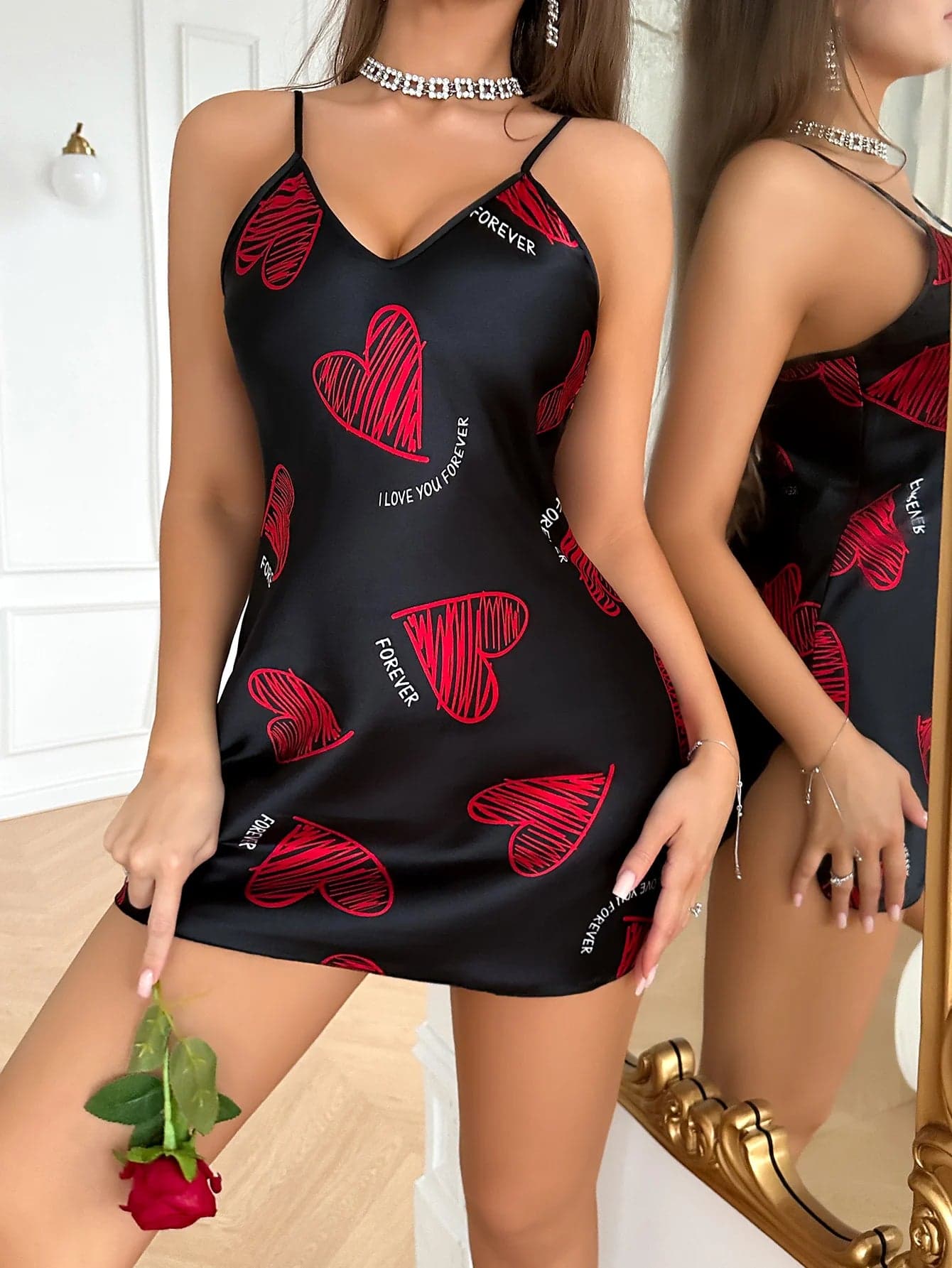 Red Lip Print Satin Slip Pijama | Sonoma