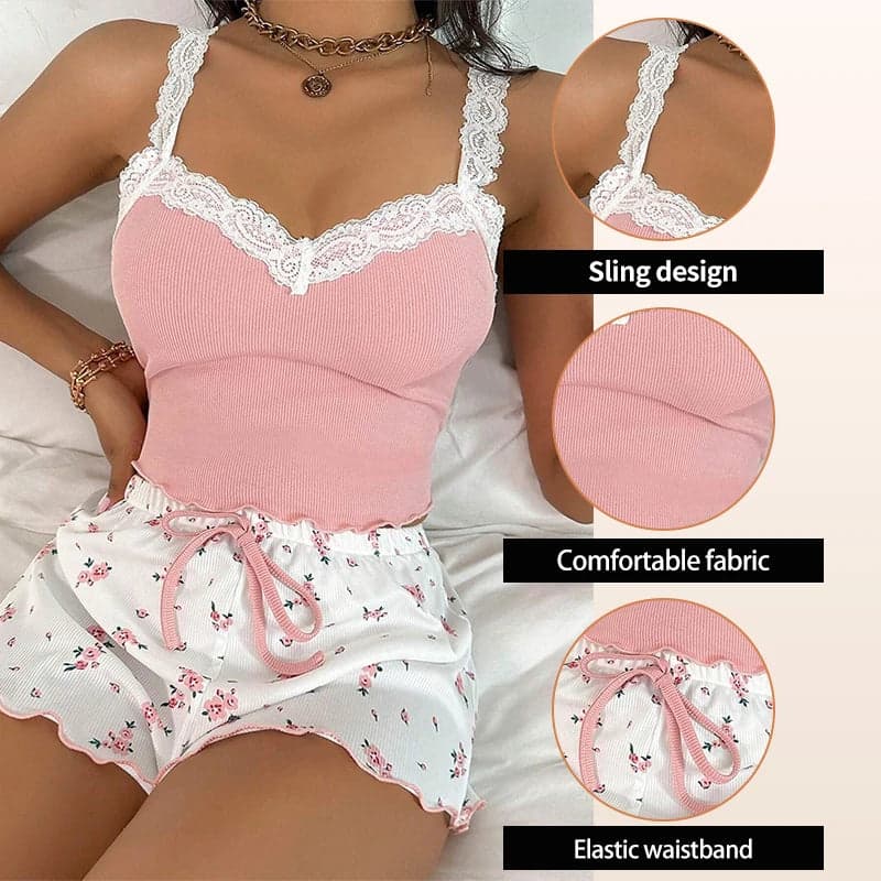 Ribbed Floral Lace Pajama Set with Bows | Bloomi