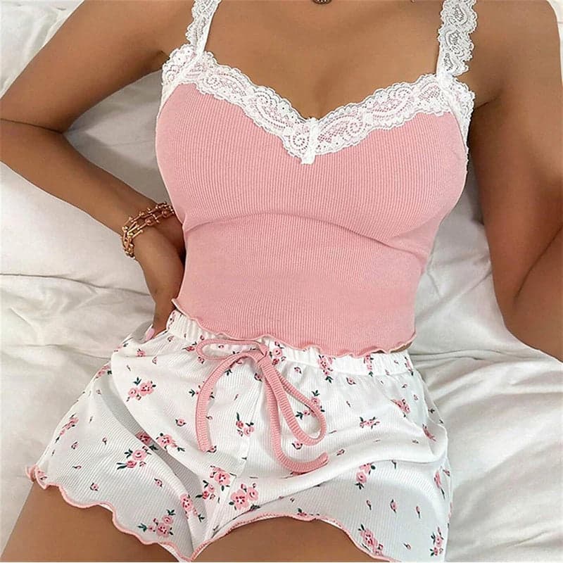 Ribbed Floral Lace Pajama Set with Bows | Bloomi