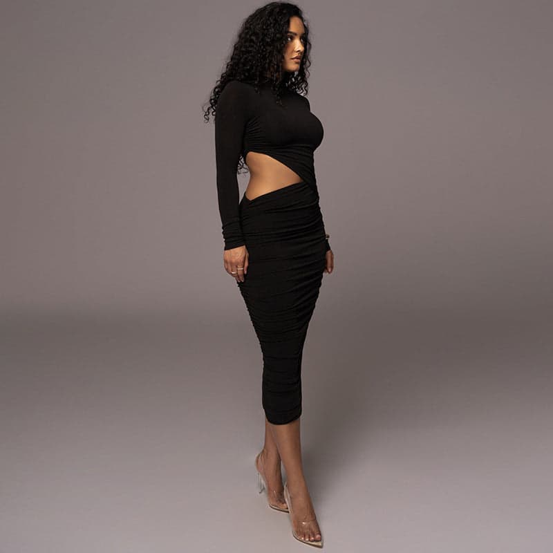 Long Sleeve Sexy Cutout Pleated Tight Dress | Neptune