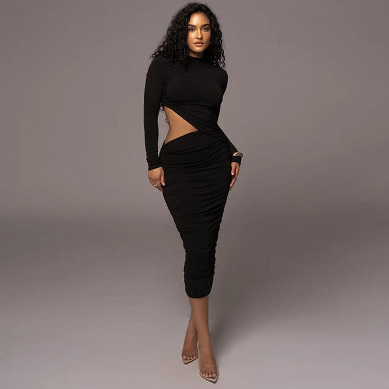 Long Sleeve Sexy Cutout Pleated Tight Dress | Neptune