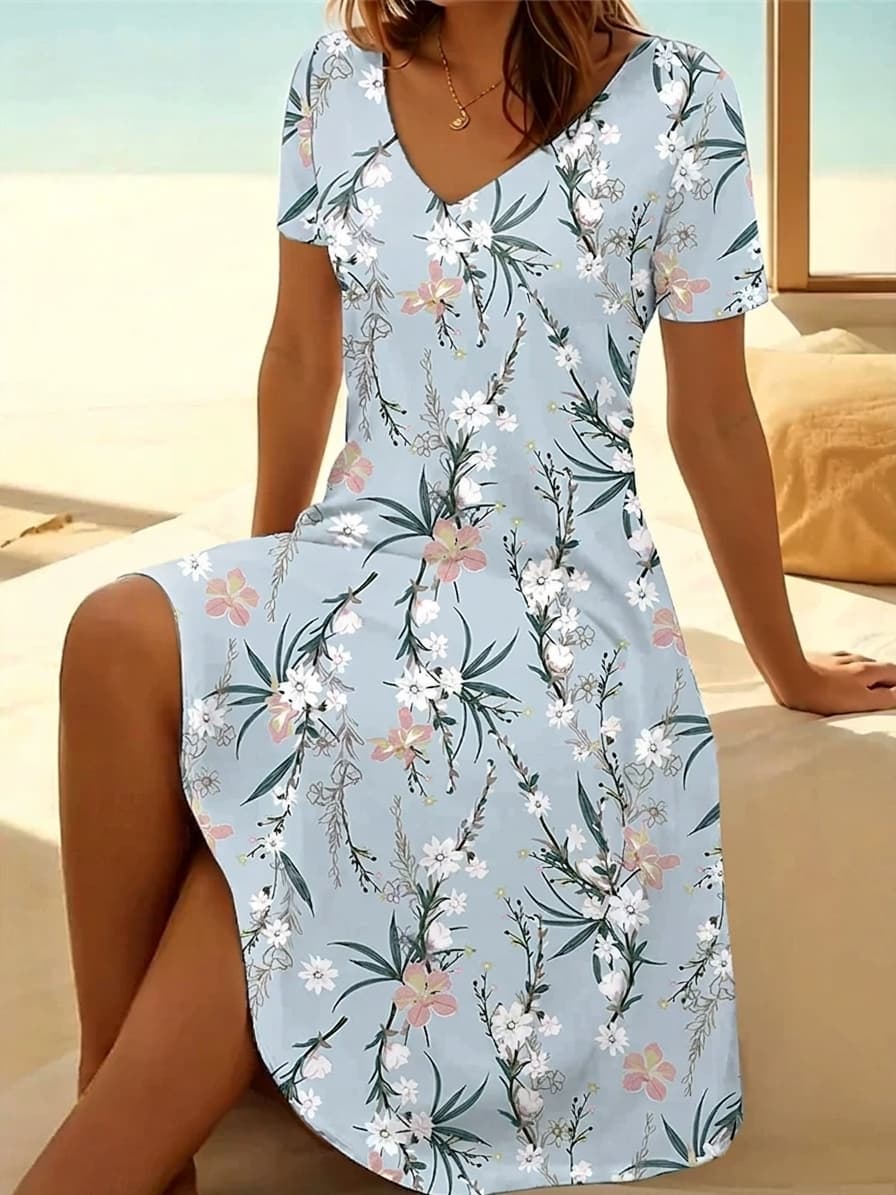 Vintage Floral V-Neck Summer Dress in blue, photo 3 of 6