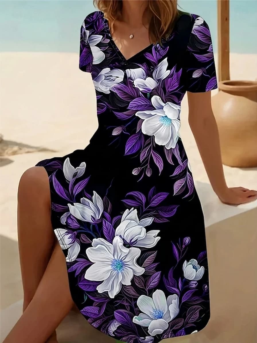 Vintage Floral V-Neck Summer Dress in brown, photo 4 of 6