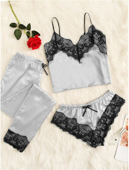 Fashion And Comfortable Lace Sling Pajama Three-piece Set - Chicy Boutique