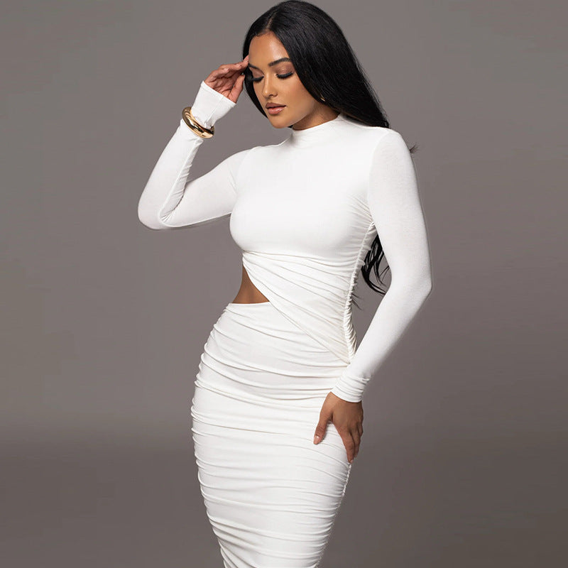 Long Sleeve Sexy Cutout Pleated Tight Dress - Chicy Boutique