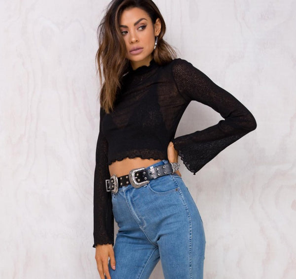 Half turtleneck crop top hollow out ruffles flare sleeve Shirt - Chicy Boutique