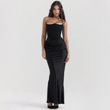 Fishbone Bandeau Slim-fit Backless Velvet Dress Black Evening Gown - Chicy Boutique