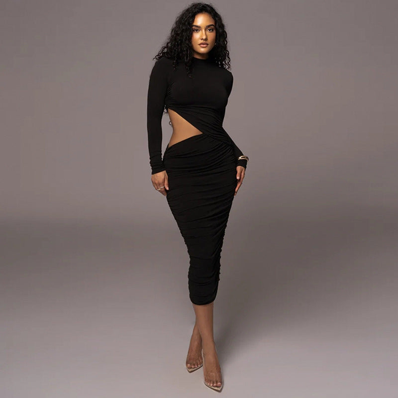 Long Sleeve Sexy Cutout Pleated Tight Dress - Chicy Boutique