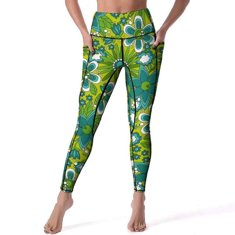 Retro Flower Leggings High Waist with pockets | LuxeLine