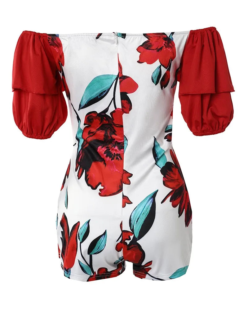 Floral Print Romper Lantern Sleeve Off Shoulder Knotted Puff Sleeve | Larisa