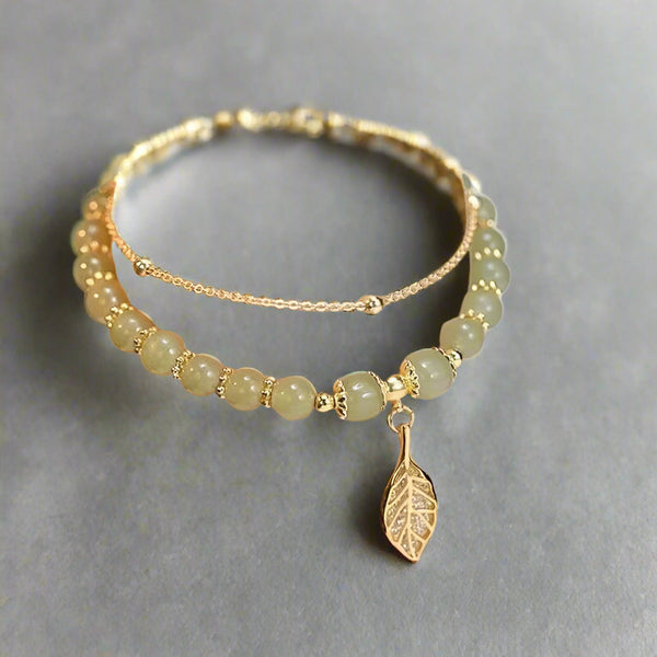 Hetian Jasper Bracelet with Golden Branch & Jade Leaves | Jasper