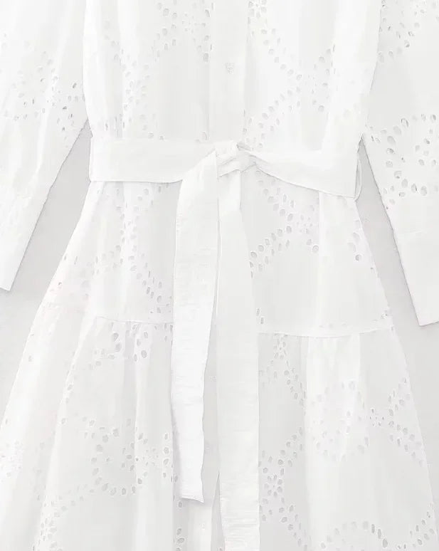 White Cotton Embroidery Midi Dress | Avelis