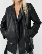 Loose Motorcycle Biker Black Leather Jacket with Belt | Cozyra