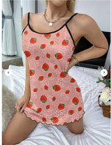 Strawberry Print Slip Nightdress Deep V | Straw