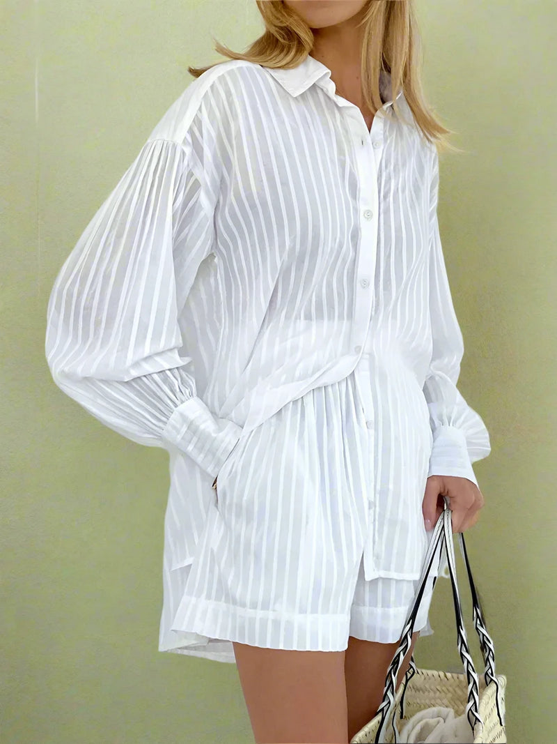 White Stripe Shorts Sets | Neaama