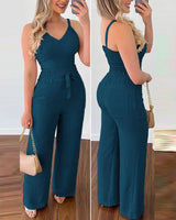 Long Jumpsuits, Elegant Sexy V-Neck Shirred Top High Waist Pants | Shula