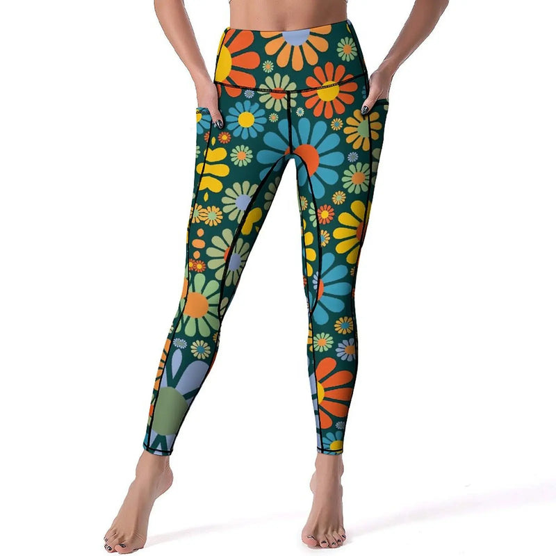 Retro Flower Leggings High Waist with pockets | LuxeLine