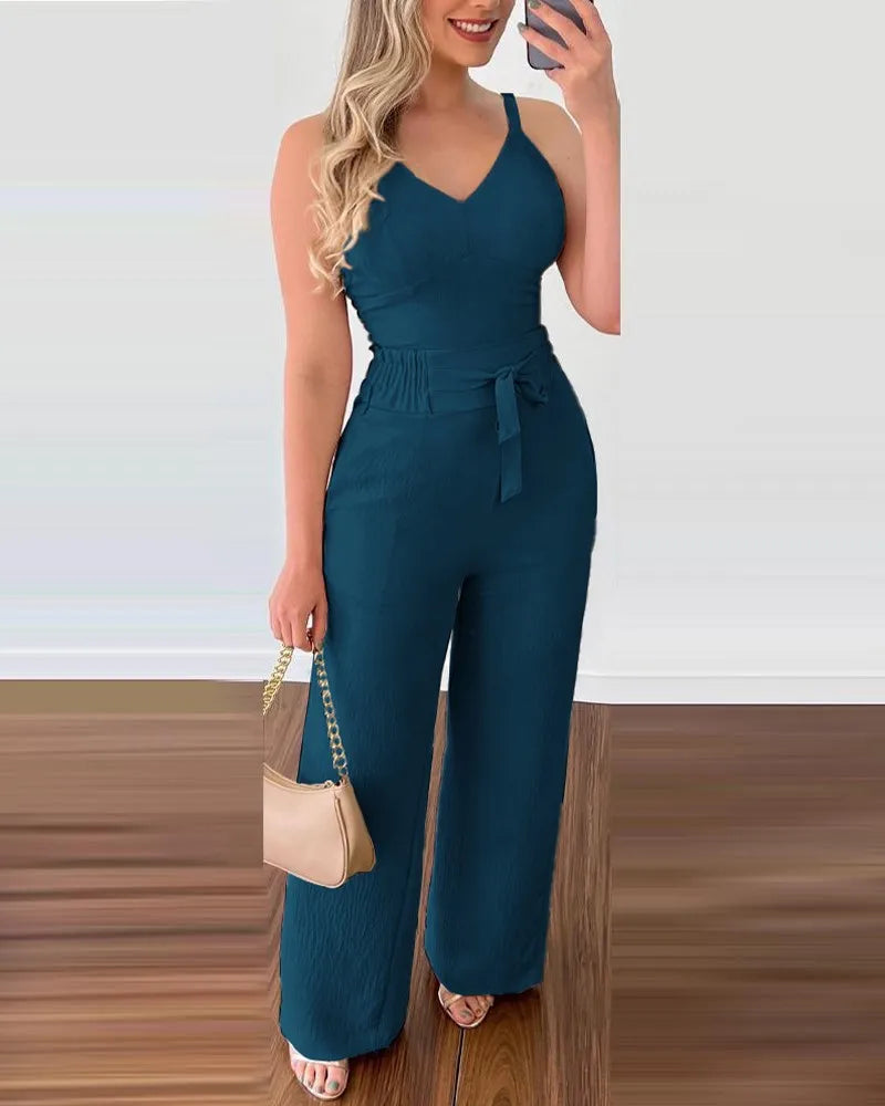 Long Jumpsuits, Elegant Sexy V-Neck Shirred Top High Waist Pants | Shula