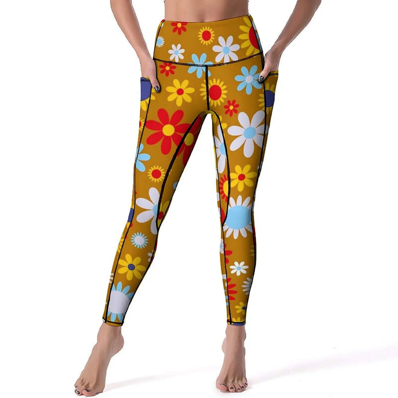 Retro Flower Leggings High Waist with pockets | LuxeLine